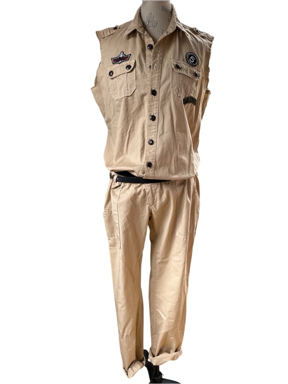 Spell 2 Access vintage 80’s drop
Waist khaki sleeveless army style jumpsuit‎ M